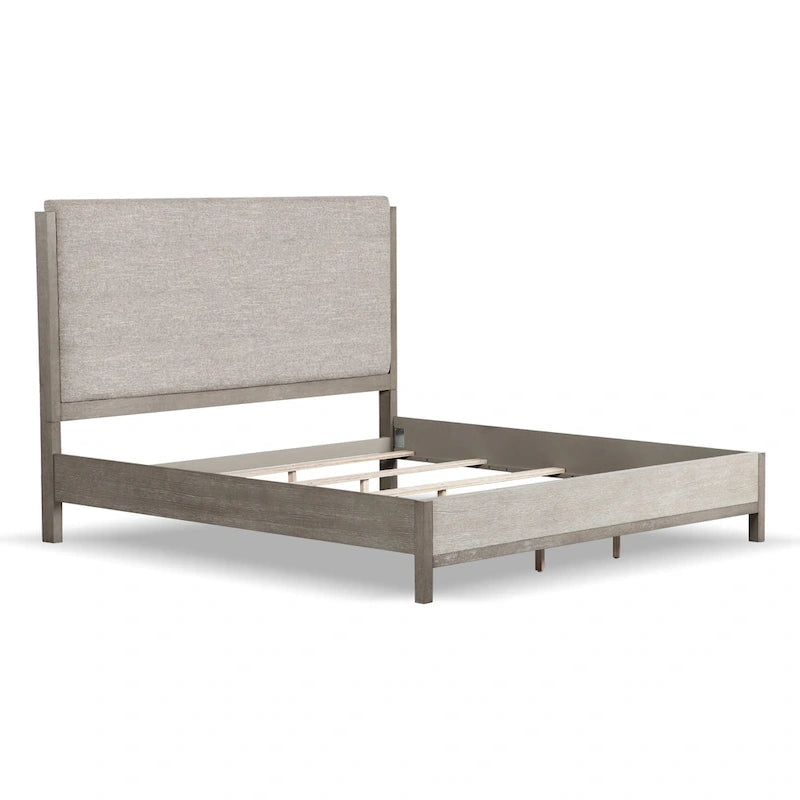 Ensemble de chambre à coucher 5 pièces de style moderne avec panneaux en bois massif gris (comprend lit, deux tables de chevet, coiffeuse et miroir)