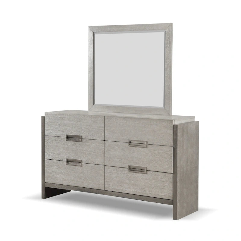 Ensemble de chambre à coucher 5 pièces de style moderne avec panneaux en bois massif gris (comprend lit, deux tables de chevet, coiffeuse et miroir)