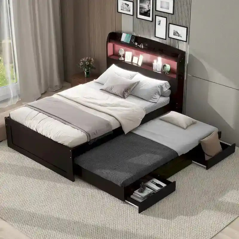 Lit simple XL extra-long avec tête de lit de rangement à LED, ports de charge, lit gigogne et deux tiroirs