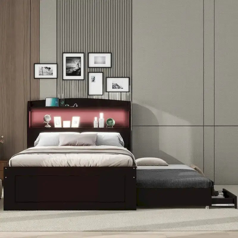 Lit simple XL extra-long avec tête de lit de rangement à LED, ports de charge, lit gigogne et deux tiroirs