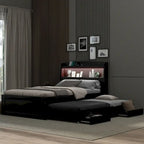 Lit simple XL extra-long avec tête de lit de rangement à LED, ports de charge, lit gigogne et deux tiroirs