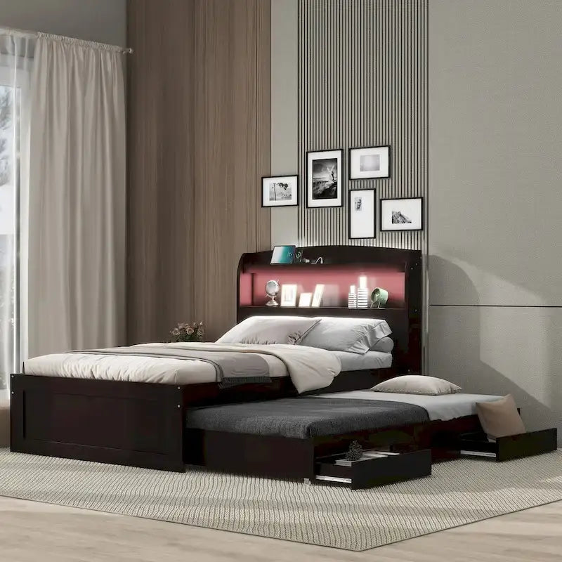 Lit simple XL extra-long avec tête de lit de rangement à LED, ports de charge, lit gigogne et deux tiroirs