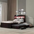 Lit simple XL extra-long avec tête de lit de rangement à LED, ports de charge, lit gigogne et deux tiroirs