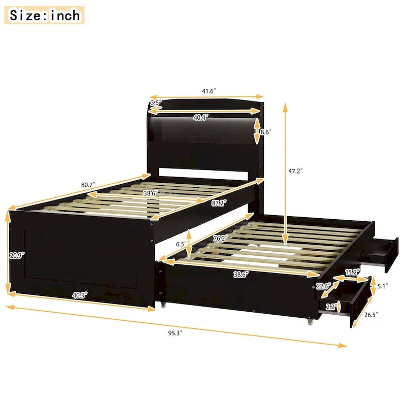 Lit simple XL extra-long avec tête de lit de rangement à LED, ports de charge, lit gigogne et deux tiroirs