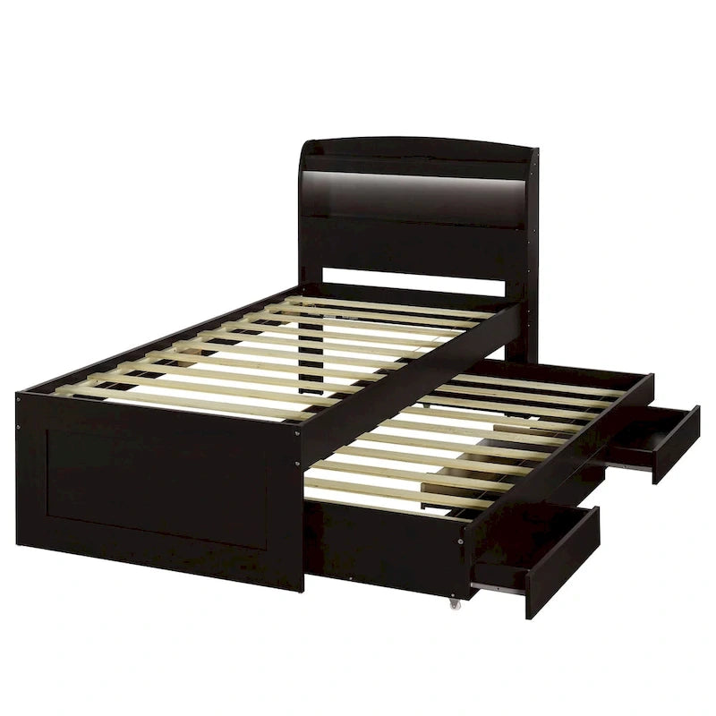 Lit simple XL extra-long avec tête de lit de rangement à LED, ports de charge, lit gigogne et deux tiroirs