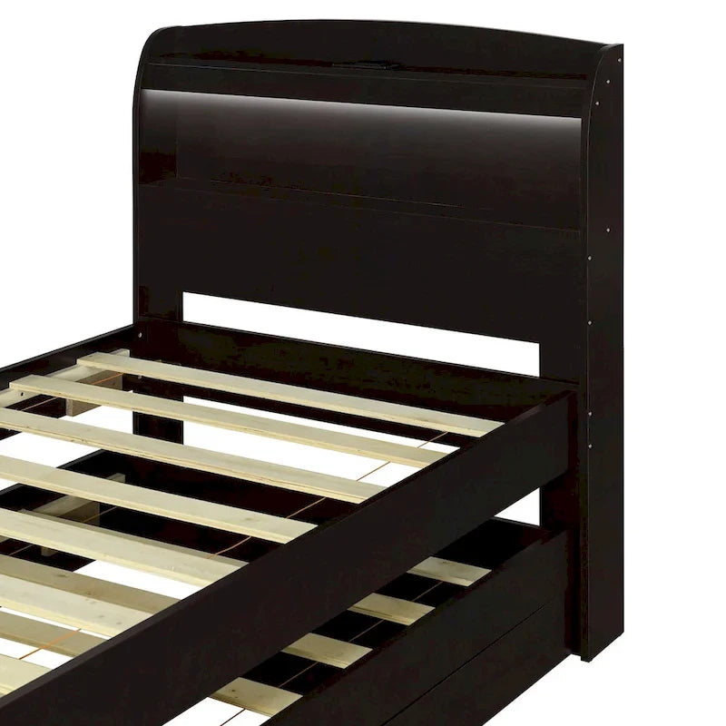 Lit simple XL extra-long avec tête de lit de rangement à LED, ports de charge, lit gigogne et deux tiroirs
