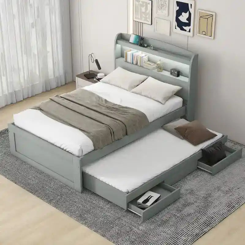 Lit simple XL extra-long avec tête de lit de rangement à LED, ports de charge, lit gigogne et deux tiroirs