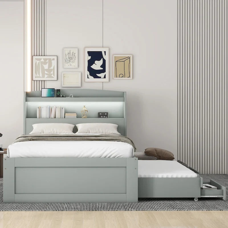 Lit simple XL extra-long avec tête de lit de rangement à LED, ports de charge, lit gigogne et deux tiroirs