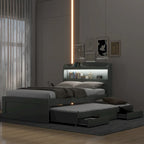 Lit simple XL extra-long avec tête de lit de rangement à LED, ports de charge, lit gigogne et deux tiroirs