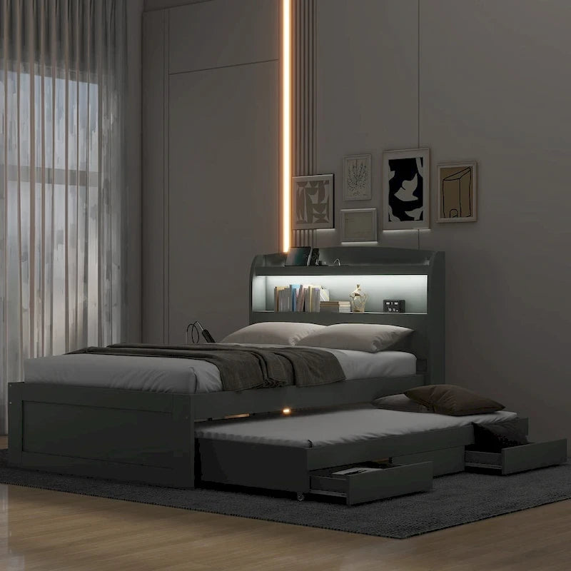Lit simple XL extra-long avec tête de lit de rangement à LED, ports de charge, lit gigogne et deux tiroirs