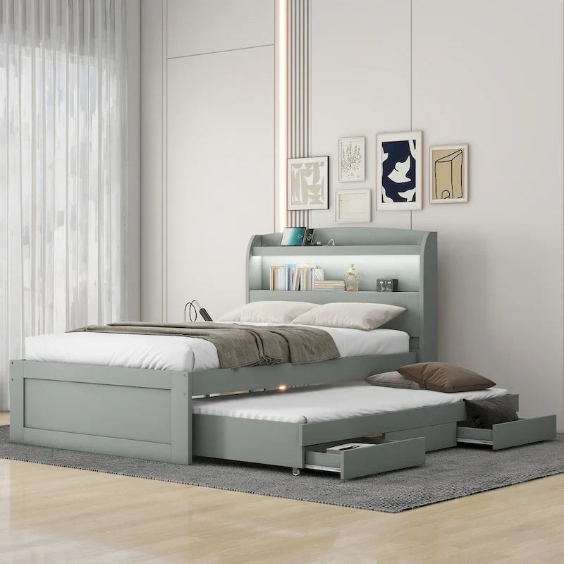 Lit simple XL extra-long avec tête de lit de rangement à LED, ports de charge, lit gigogne et deux tiroirs