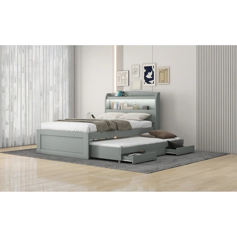 Lit simple XL extra-long avec tête de lit de rangement à LED, ports de charge, lit gigogne et deux tiroirs