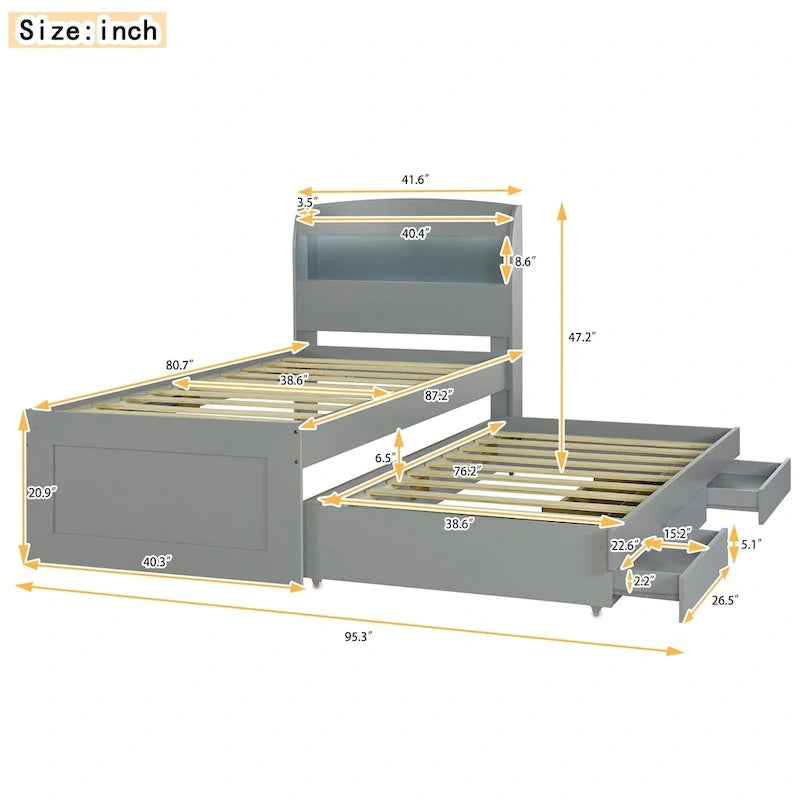Lit simple XL extra-long avec tête de lit de rangement à LED, ports de charge, lit gigogne et deux tiroirs