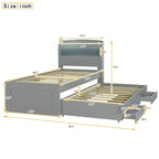 Lit simple XL extra-long avec tête de lit de rangement à LED, ports de charge, lit gigogne et deux tiroirs