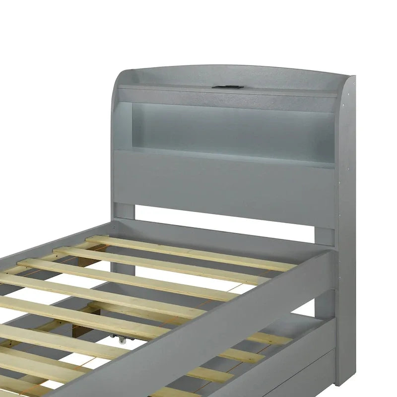 Lit simple XL extra-long avec tête de lit de rangement à LED, ports de charge, lit gigogne et deux tiroirs
