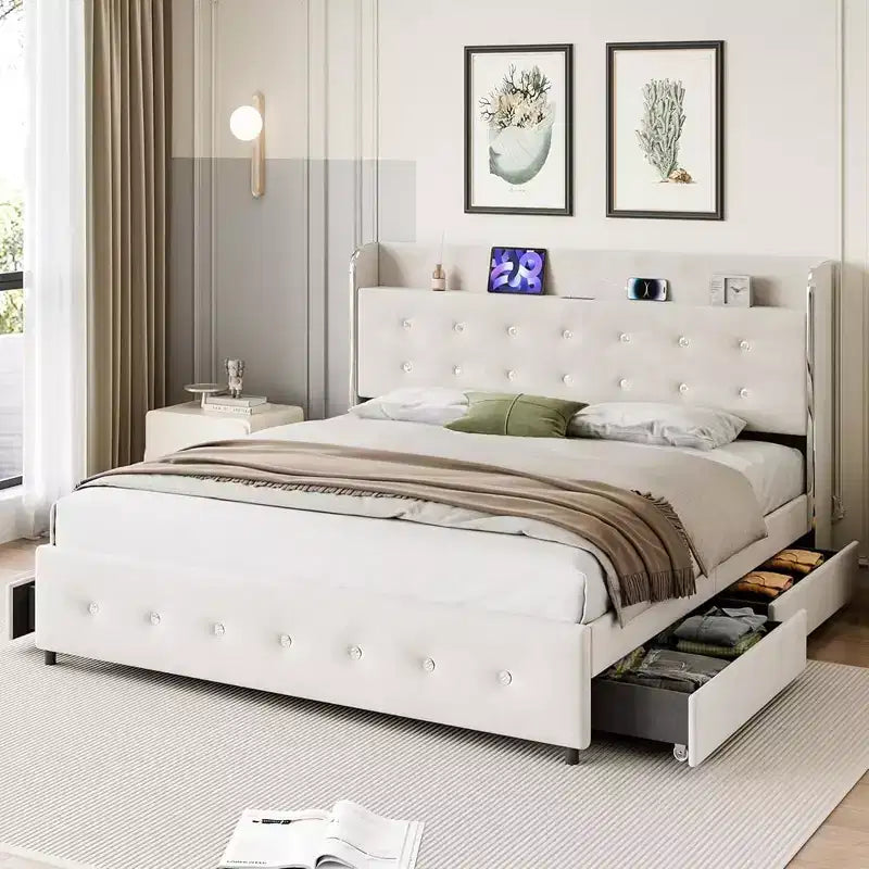 Whizmax Bed Frame, Upholstered Platform Bed Frame with Trundle and 4 Storage Drawers, Bed Frame with Diamond Tufted Headboard, No Box Spring Needed