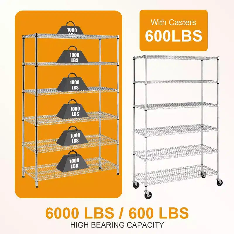 Étagère à 6 niveaux en fil métallique FDW, étagère de rangement robuste en métal, étagères de garage avec roulettes