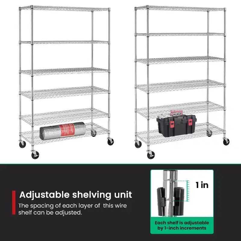 Étagère à 6 niveaux en fil métallique FDW, étagère de rangement robuste en métal, étagères de garage avec roulettes