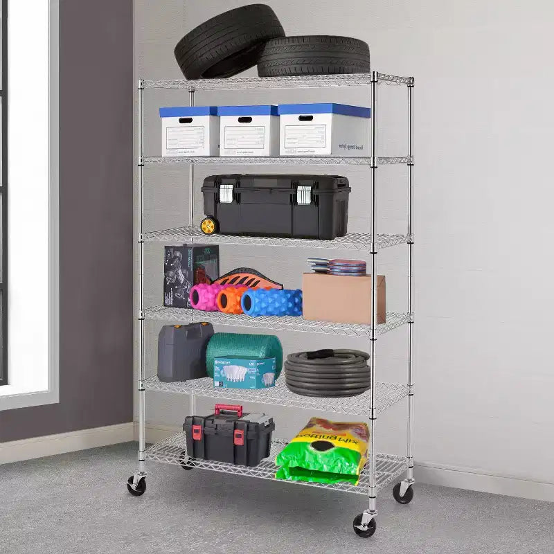 Étagère à 6 niveaux en fil métallique FDW, étagère de rangement robuste en métal, étagères de garage avec roulettes