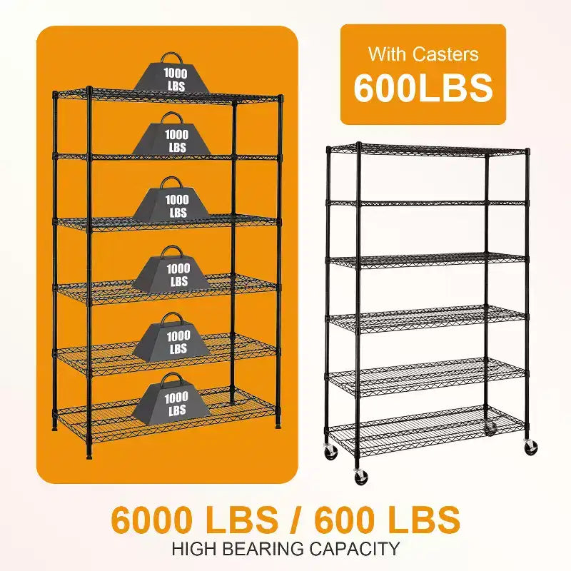 Étagère à 6 niveaux en fil métallique FDW, étagère de rangement robuste en métal, étagères de garage avec roulettes