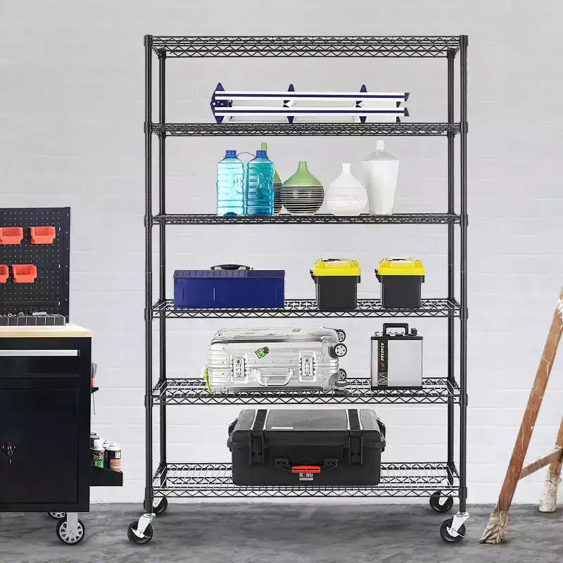 Étagère à 6 niveaux en fil métallique FDW, étagère de rangement robuste en métal, étagères de garage avec roulettes