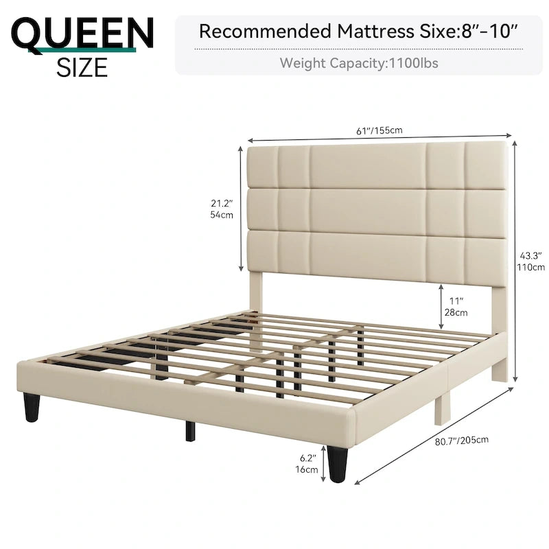 Cadre de lit plateforme Moasis Queen/King avec tête de lit capitonnée en lin