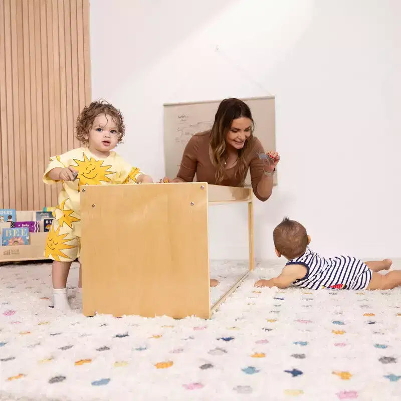 Meuble de rangement double face ECR4Kids avec plateau d'activités et miroir, mobilier de classe