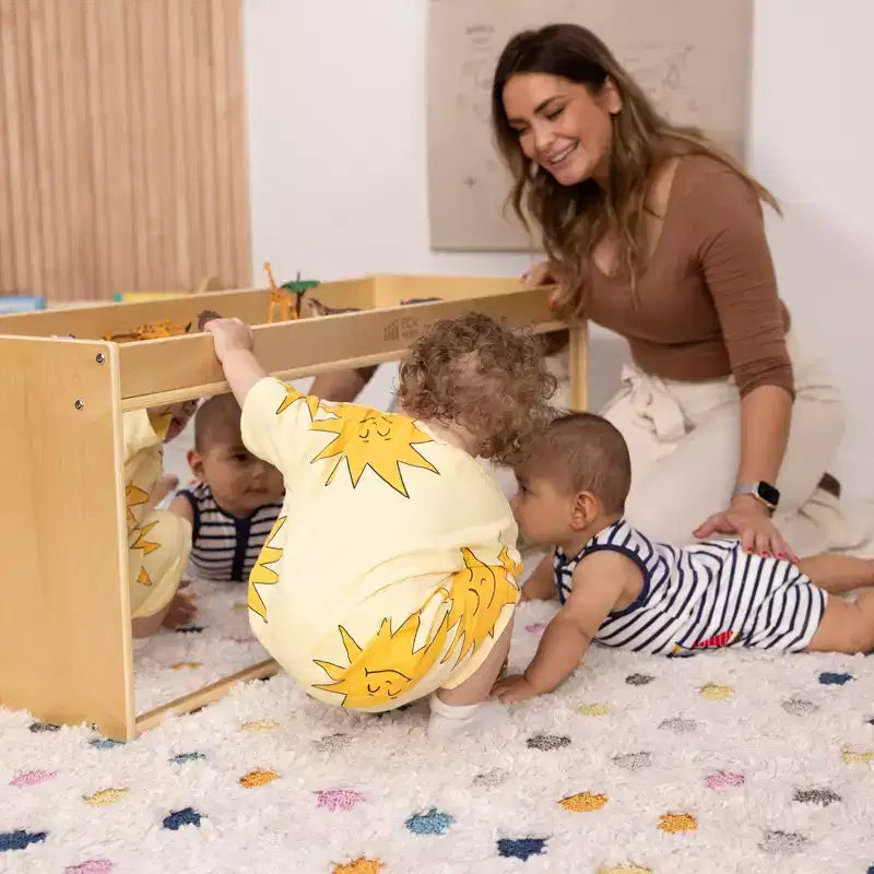 Meuble de rangement double face ECR4Kids avec plateau d'activités et miroir, mobilier de classe
