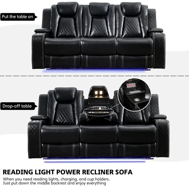Canapé inclinable électrique avec chargeur sans fil, liseuse pour salon, lumière LED en similicuir, port AC/USB, porte-gobelet, noir
