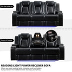 Canapé inclinable électrique avec chargeur sans fil, liseuse pour salon, lumière LED en similicuir, port AC/USB, porte-gobelet, noir