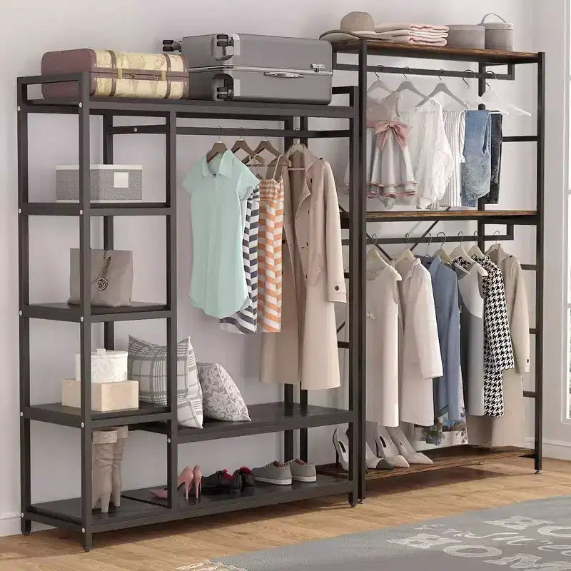 Portant à vêtements robuste Lantine avec étagères en bois