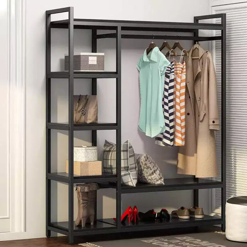 Portant à vêtements robuste Lantine avec étagères en bois