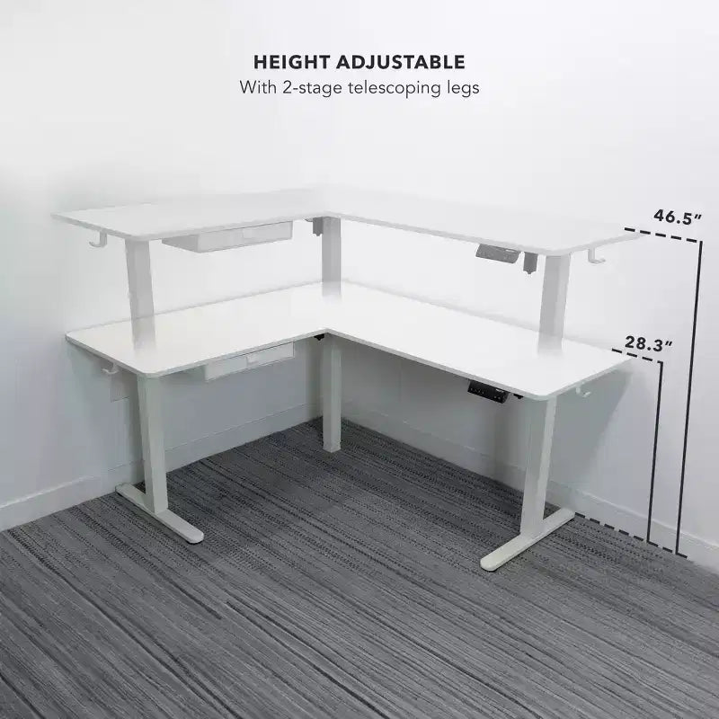 Mount-It! Grand bureau d'angle électrique réglable en hauteur, bureau debout automatique avec réglage en hauteur ergonomique et fluide, cadre en acier, blanc