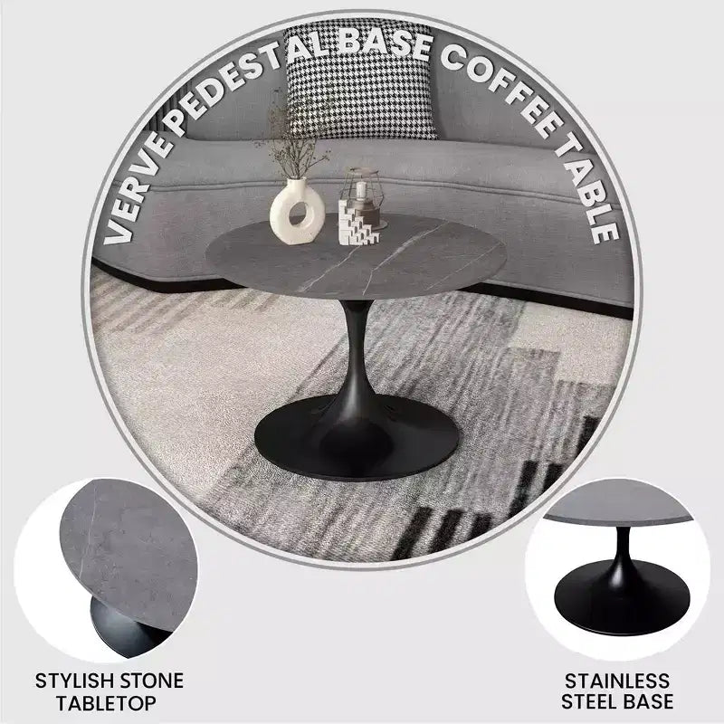Table basse ronde Verve 27 de LeisureMod - Plateau en pierre frittée et piètement en acier noir moderne, table d'appoint pour salon contemporain