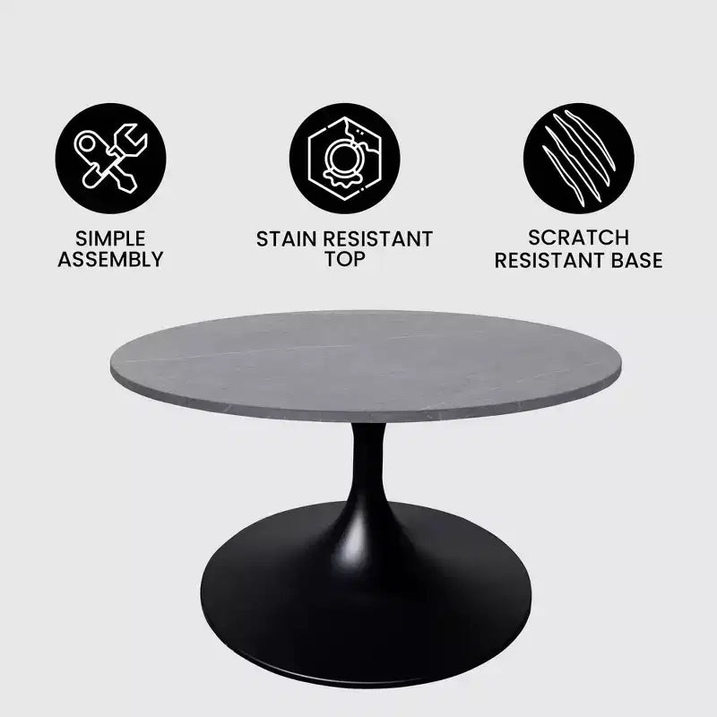 Table basse ronde Verve 27 de LeisureMod - Plateau en pierre frittée et piètement en acier noir moderne, table d'appoint pour salon contemporain