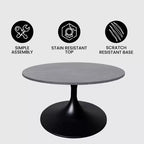 Table basse ronde Verve 27 de LeisureMod - Plateau en pierre frittée et piètement en acier noir moderne, table d'appoint pour salon contemporain