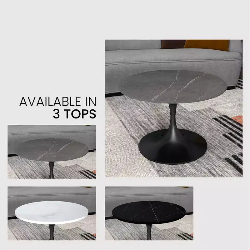 Table basse ronde Verve 27 de LeisureMod - Plateau en pierre frittée et piètement en acier noir moderne, table d'appoint pour salon contemporain