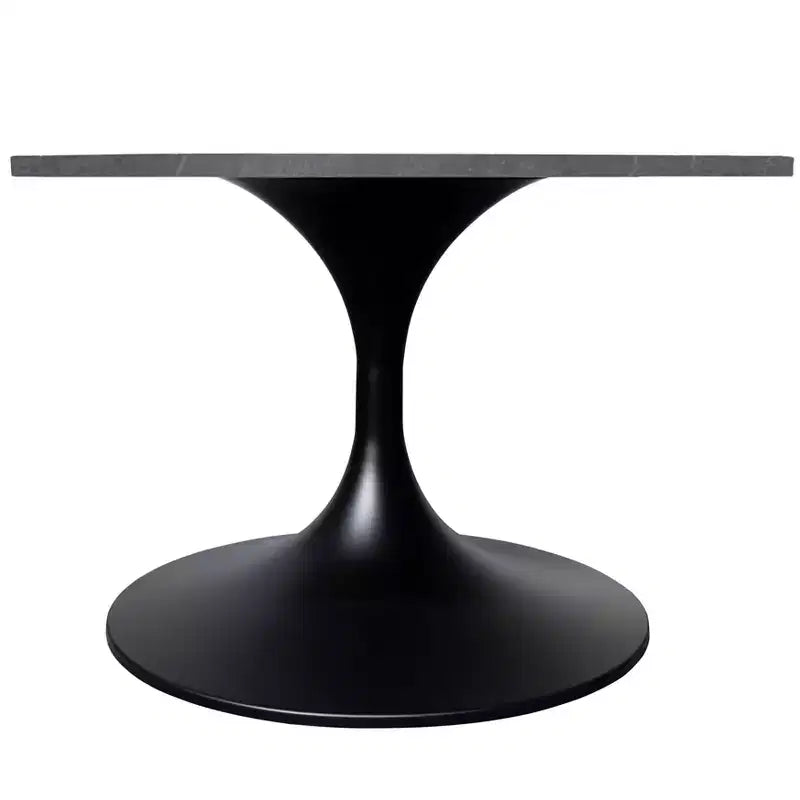 Table basse ronde Verve 27 de LeisureMod - Plateau en pierre frittée et piètement en acier noir moderne, table d'appoint pour salon contemporain