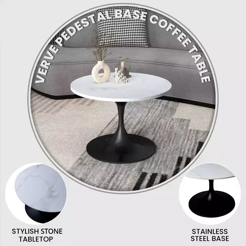 Table basse ronde Verve 27 de LeisureMod - Plateau en pierre frittée et piètement en acier noir moderne, table d'appoint pour salon contemporain