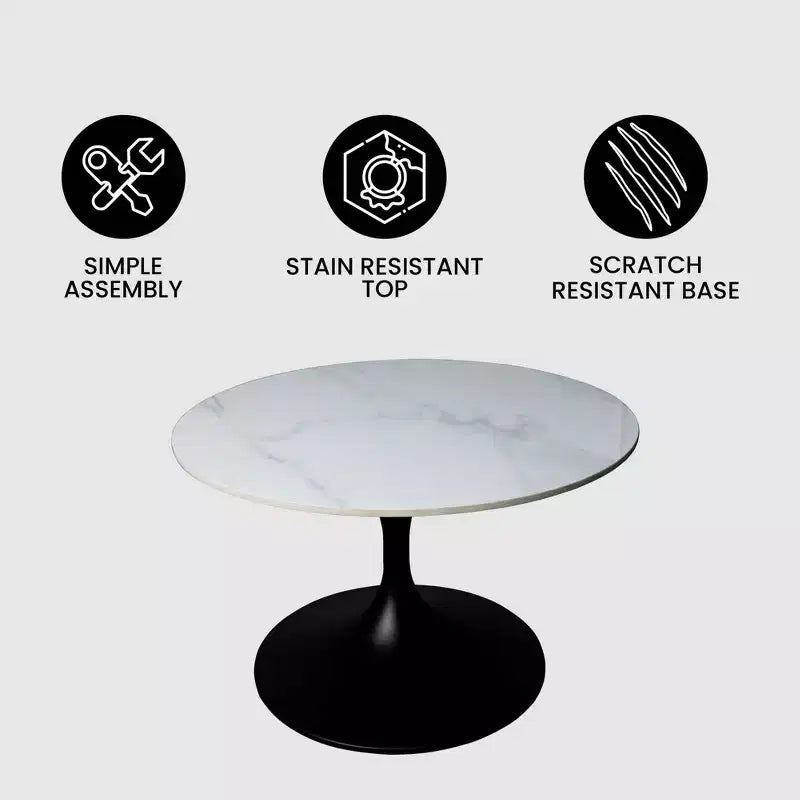 Table basse ronde Verve 27 de LeisureMod - Plateau en pierre frittée et piètement en acier noir moderne, table d'appoint pour salon contemporain
