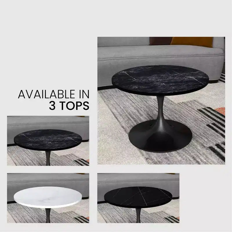 Table basse ronde Verve 27 de LeisureMod - Plateau en pierre frittée et piètement en acier noir moderne, table d'appoint pour salon contemporain