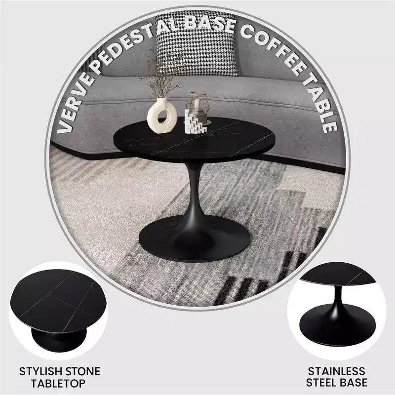 Table basse ronde Verve 27 de LeisureMod - Plateau en pierre frittée et piètement en acier noir moderne, table d'appoint pour salon contemporain