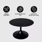 Table basse ronde Verve 27 de LeisureMod - Plateau en pierre frittée et piètement en acier noir moderne, table d'appoint pour salon contemporain