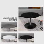 Table basse ronde Verve 27 de LeisureMod - Plateau en pierre frittée et piètement en acier noir moderne, table d'appoint pour salon contemporain