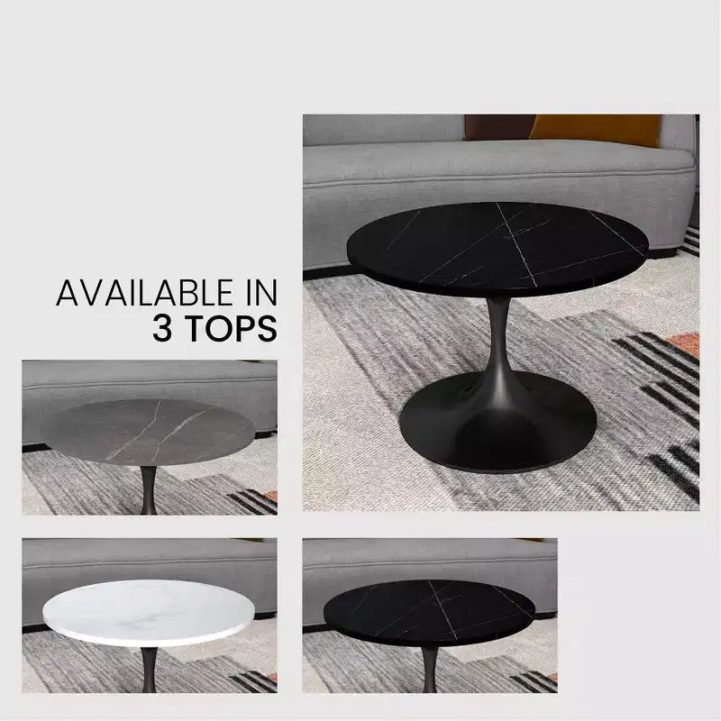 Table basse ronde Verve 27 de LeisureMod - Plateau en pierre frittée et piètement en acier noir moderne, table d'appoint pour salon contemporain