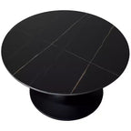 Table basse ronde Verve 27 de LeisureMod - Plateau en pierre frittée et piètement en acier noir moderne, table d'appoint pour salon contemporain