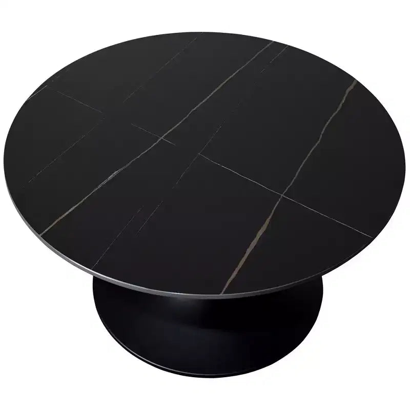 Table basse ronde Verve 27 de LeisureMod - Plateau en pierre frittée et piètement en acier noir moderne, table d'appoint pour salon contemporain