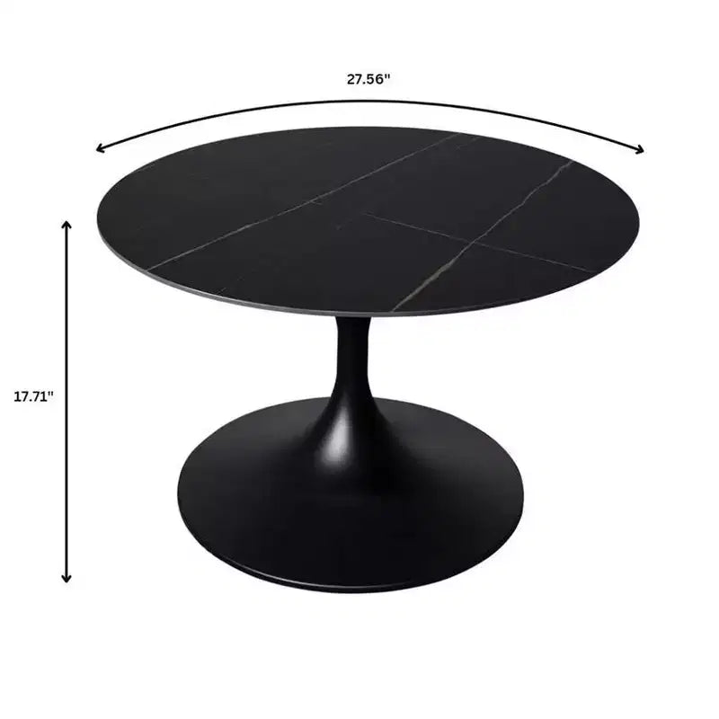 Table basse ronde Verve 27 de LeisureMod - Plateau en pierre frittée et piètement en acier noir moderne, table d'appoint pour salon contemporain