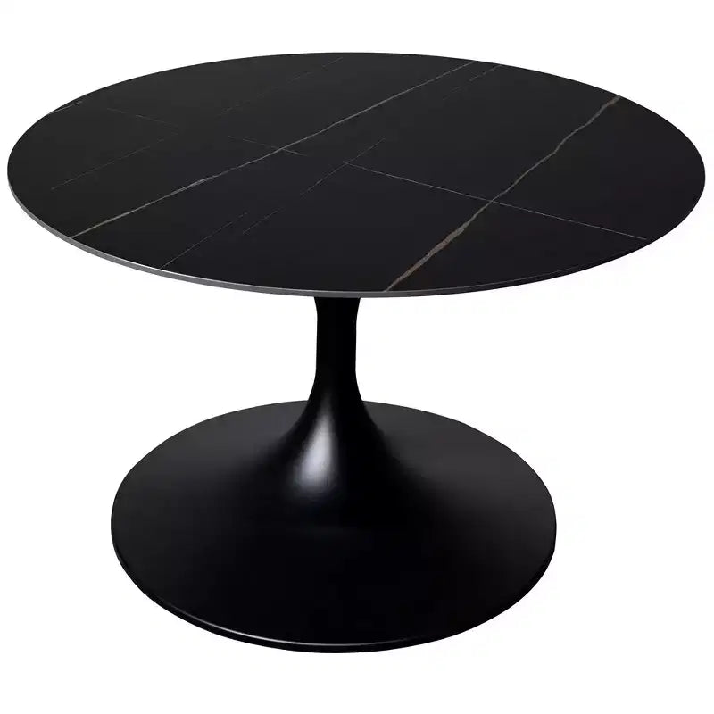 LeisureMod Verve 27 Round Coffee Table - Sintered Stone Top and Modern Black Steel Pedestal Base Accent Table for Contemporary Living Room