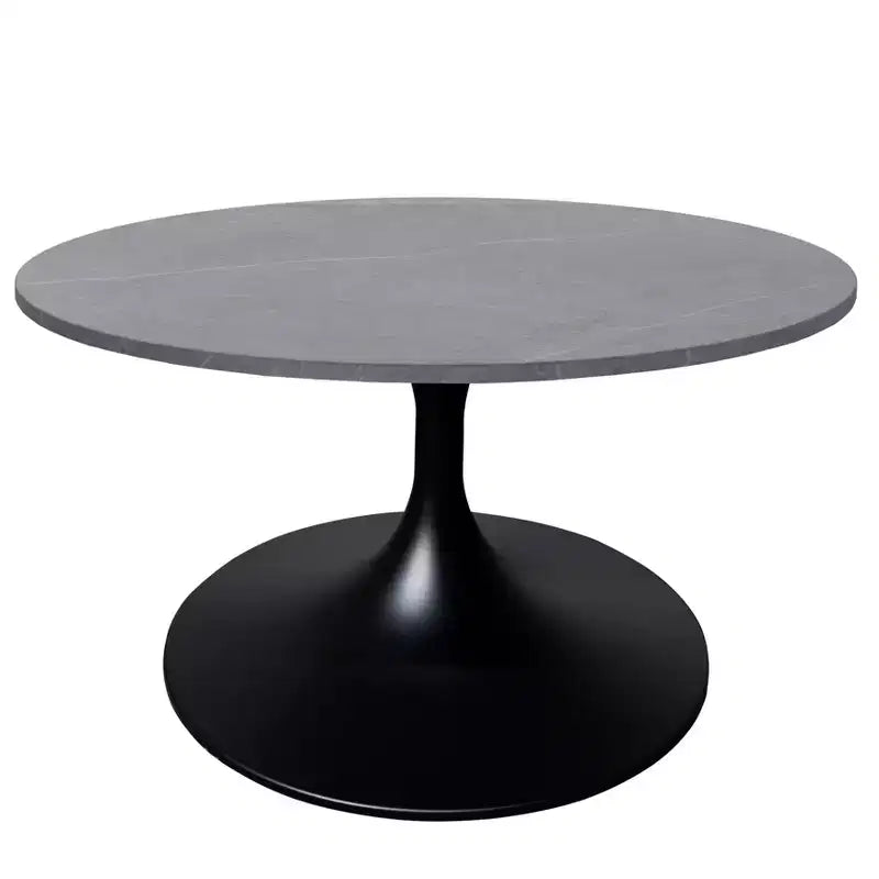 Table basse ronde Verve 27 de LeisureMod - Plateau en pierre frittée et piètement en acier noir moderne, table d'appoint pour salon contemporain